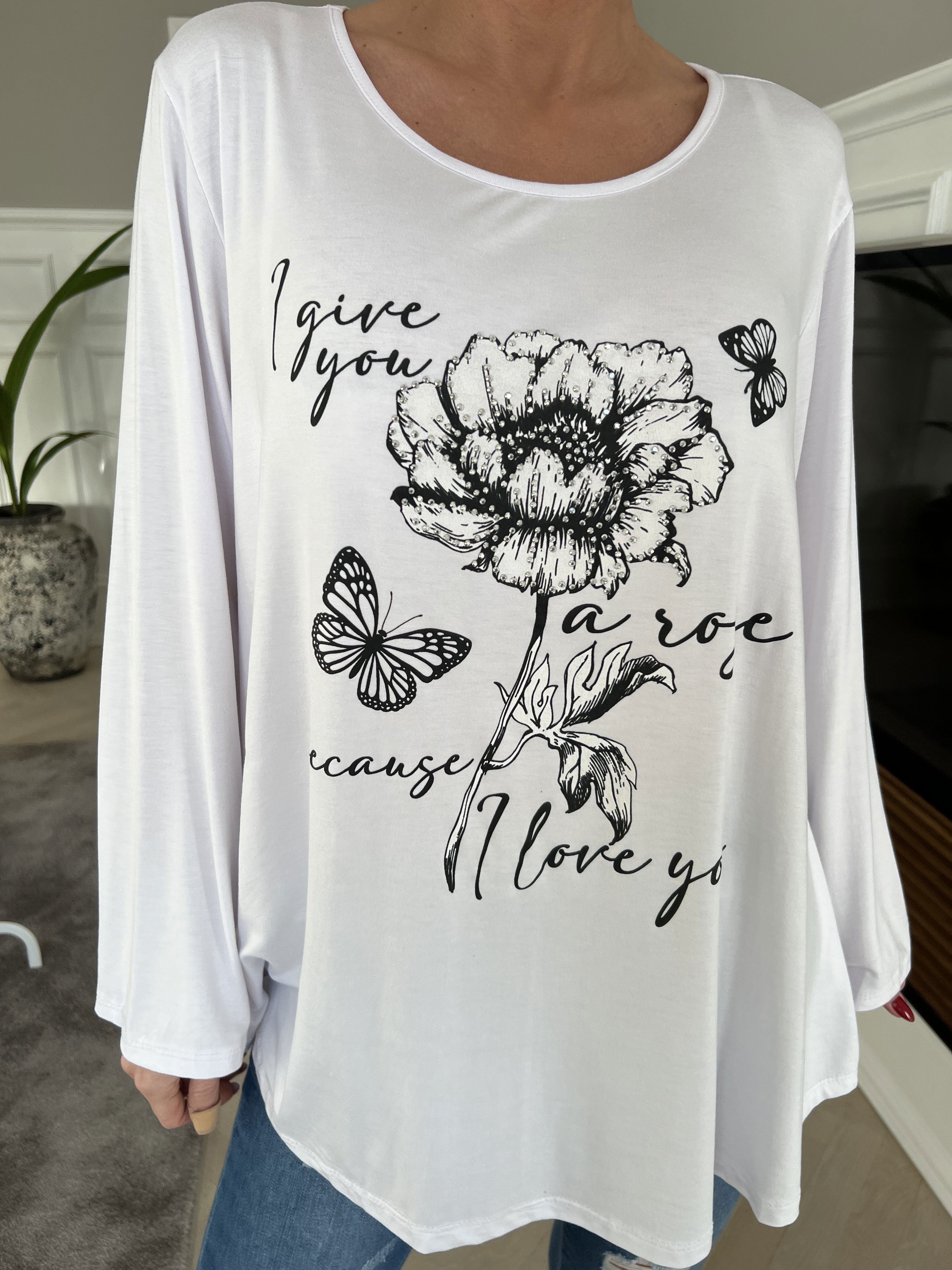 Klara - Jerseyblus i viskos med imiterad kant och tryck - Taupe